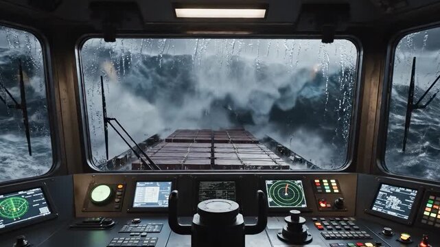 Big squall waves coming onto the cargo ship transporting industrial containers ofr international global marine trade