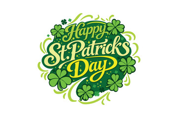 Saint Patricks Day Lettering Design with Shamrock Clover Leprechaun Hat Beer and Gold Irish Holiday Greeting Card Illustration