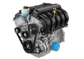 A close-up view of a modern car engine with various components visible.