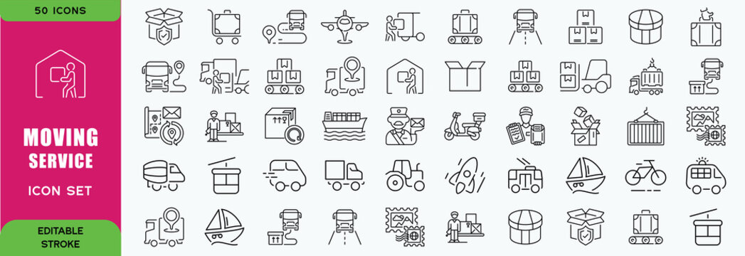 Moving Service line editable icon set. Contain icons relaed to Moving house services, packing, loaders, office moving, freight transportation, and more. Editable stroke. Vector illustration