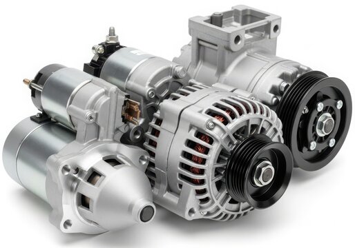 A collection of automotive alternators and starters displayed on a white background.