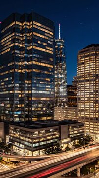 Day to night timeplapse of financial business city center with skyscrapers and office buildings. Concept of financial success and international business