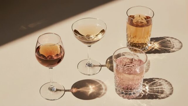 Four drinks in clear glassware cast patterned shadows in warm light