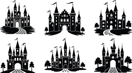 Fototapeta premium Black silhouette castle vector icons set with medieval fortress towers, fairytale kingdom palace gates, stone paths and flags for royal landscape design elements