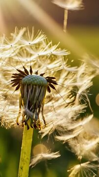 Dandelion seeds and petals flying in the air in the wind