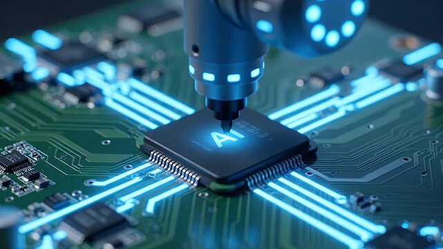 Close-up of robotic arm assembling AI microchip on circuit board