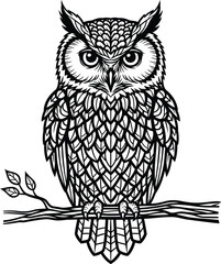 Intricate geometric owl on a branch, detailed line art