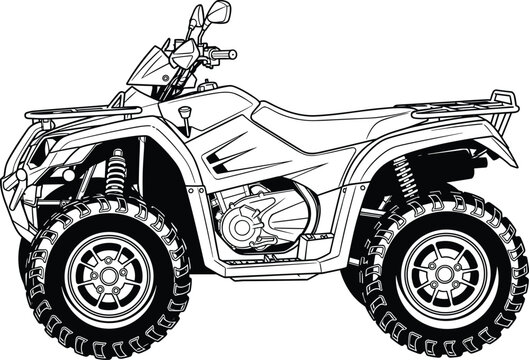 All terrain vehicle ATV detailed line art illustration, quad bike off road four wheeler isolated black and white vector