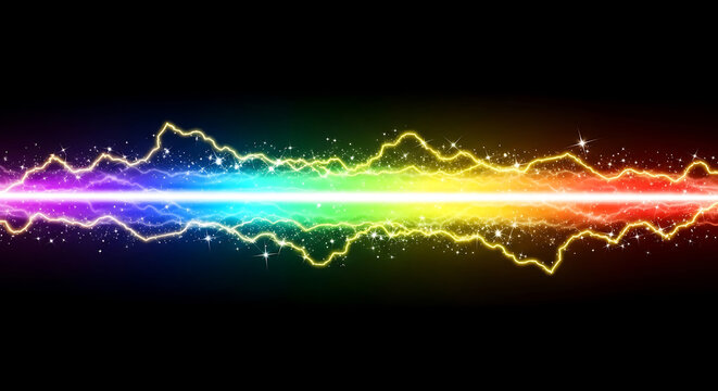 vibrant rainbow electric current with lightning arcs and sparks on a dark background illustrating futuristic power and technology.