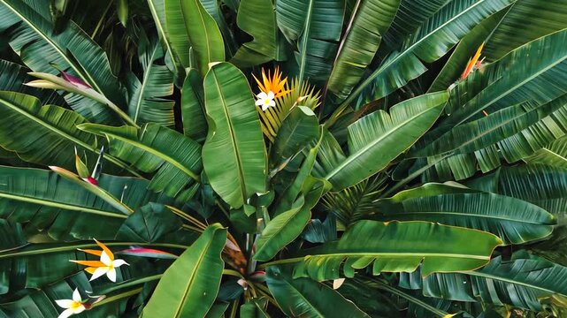 Vibrant Bird of Paradise Flowers Amidst Lush Tropical Greenery