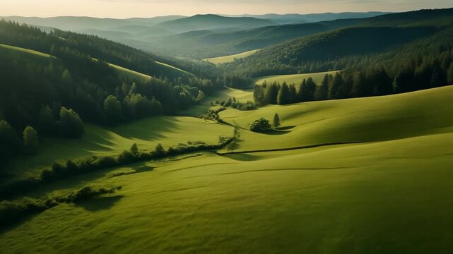 Serene landscape of lush green hills and rolling valleys with trees from an aerial viewpoint