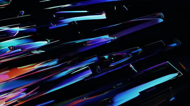Abstract glass shards with iridescent, vibrant colors against a dark background