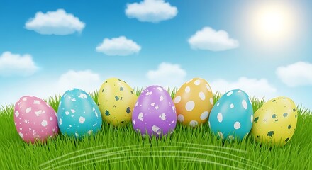 Fototapeta premium Colorful Easter eggs in grass under sunny blue sky with clouds