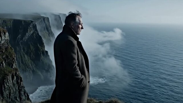 A man sitting on the edge of the cliff looking into the sunset lake. A concept of old age and loneliness