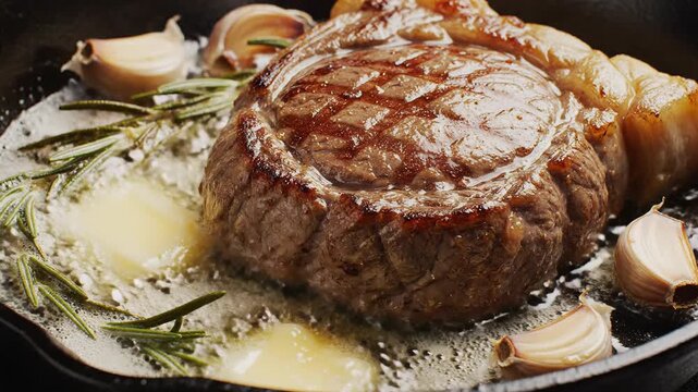 Juicy steak sizzling in butter with garlic and rosemary in cast iron pan