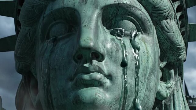 Crying statue of liberty. A concept of injustice and political retribution allowed by government corruption. Weakened democracy
