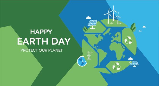 Earth Day illustration in flat design with green and blue colors on abstract background for environmental campaign
