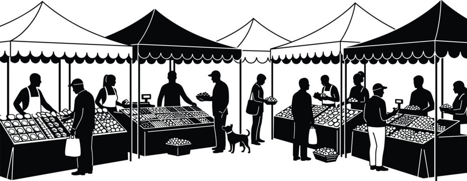 Farmers market silhouette scene, outdoor fruit and vegetable stalls with shoppers, black and white vector illustration marketplace concept