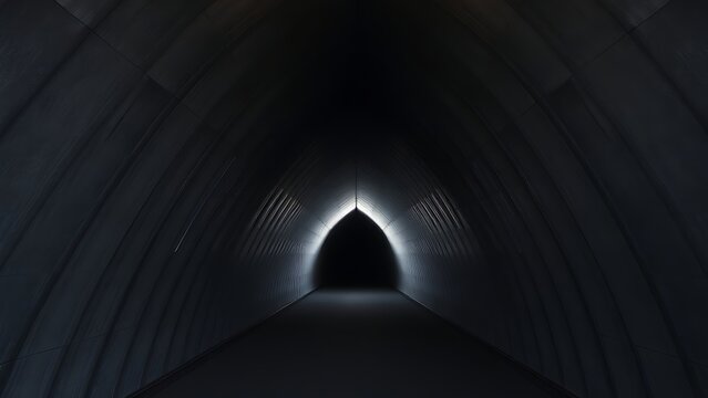 answerable. Architectural tunnel with converging lines and fading natural light, perspective receding into darkness. real-estate listings.
