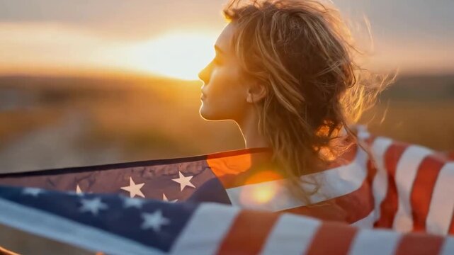 Attractive young American woman patriot wrapped in american flag at scenic sunset with sun flares. Concept of love to your country