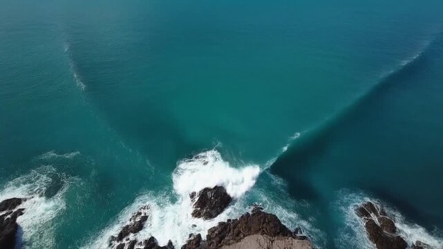 Aerial view of rugged rocky coastline with waves crashing against the shore in a scenic ocean landscape