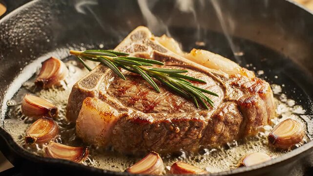 Juicy steak sizzling in cast iron pan with garlic and rosemary