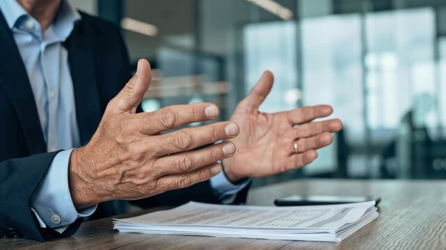 Business meeting emotional intelligence leadership discussion with leader gesture focus