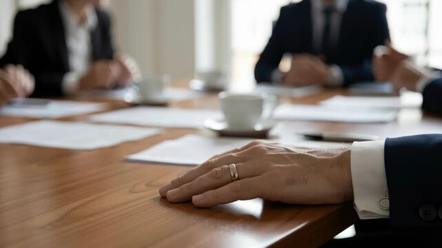 Emotional intelligence leader business meeting hand gesture focus discussion negotiation scene