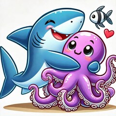 Fototapeta premium Cute cartoon shark and purple octopus hugging in a friendly underwater scene.