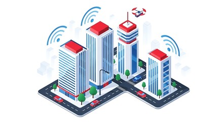 Fototapeta premium Isometric view of a cityscape with skyscrapers, cars, a drone, and wireless signals