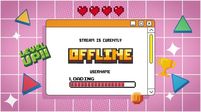 Stream is currently offline motion text animation with pixel art Y2K backgound.