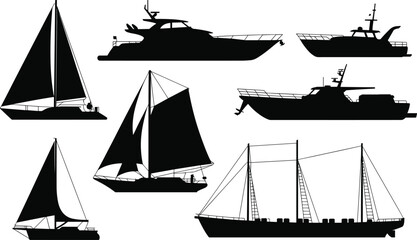 Set of Black Boat and Ship Silhouettes Including Sailboats Yachts and Motorboats Isolated on White Background for Marine Travel Nautical and Ocean Graphic Design © MdAnowarHossain