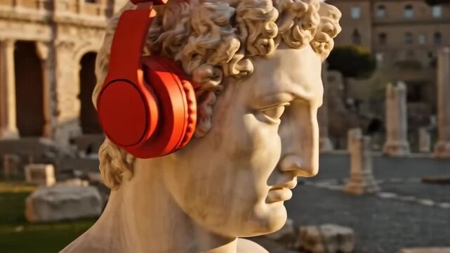 Roman statue in Rome with headphones moving its head in rhythm with the music. Concept of modern religion or dance parties for youth on vacation
