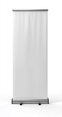 A vertical, blank, white retractable banner stand, isolated on a white backdrop