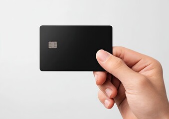 A hand holds a black rectangle, a payment card, against a plain white background