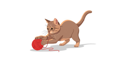Obraz premium Playful Cat Playing with Red Yarn Ball Isolated on White Background