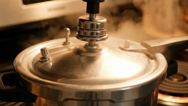 Pressure Cooker on Stovetop Emitting Steam.