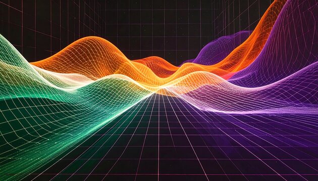 Abstract mesh landscape of wavy colorful lines forms hills on a grid against a dark background
