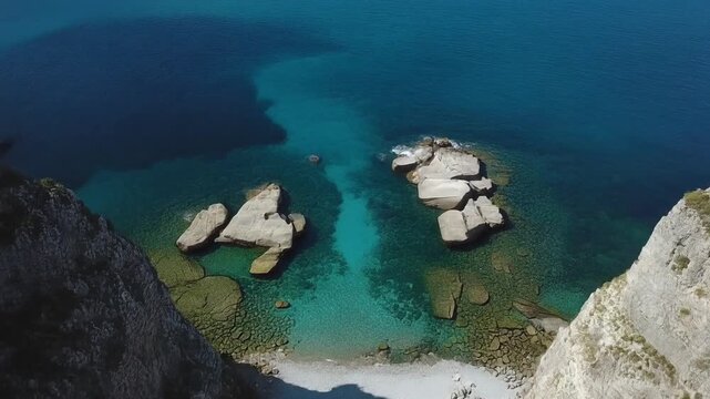 Aerial view of rugged coastline with rocky outcrops in turquoise waters, scenic landscape