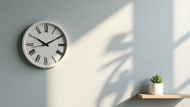Analog wall clock at nine AM with green plant and window shadow.