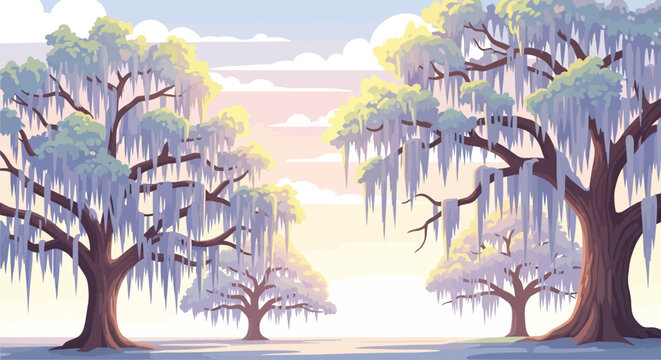 Stylized landscape with large oak trees draped in Spanish moss under a soft, warm sky.