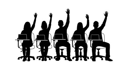 people sitting on office chairs with hands raised in meeting