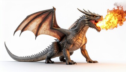 Fototapeta premium Realistic Fire Breathing Dragon Isolated on White