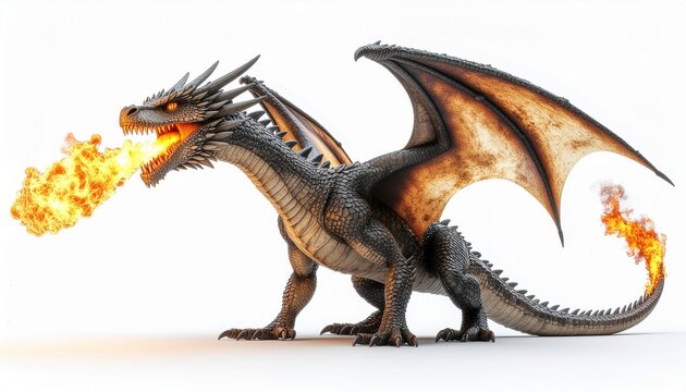 Realistic Fire Breathing Dragon Isolated on White, the tail emits fire as well