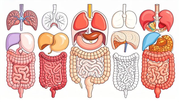 The human digestive system illustrated with various views of organs including liver, stomach, and intestines.
