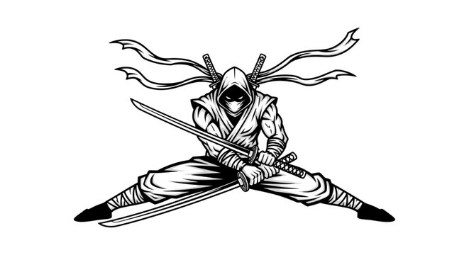 ninja warrior sitting crossed legs sword ready action