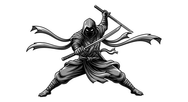 ninja warrior in fighting stance with dual scythes