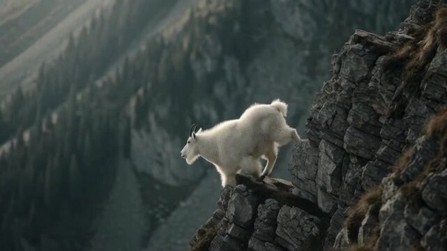 majestic mountain goat walking on a rocky cliff in high altitude