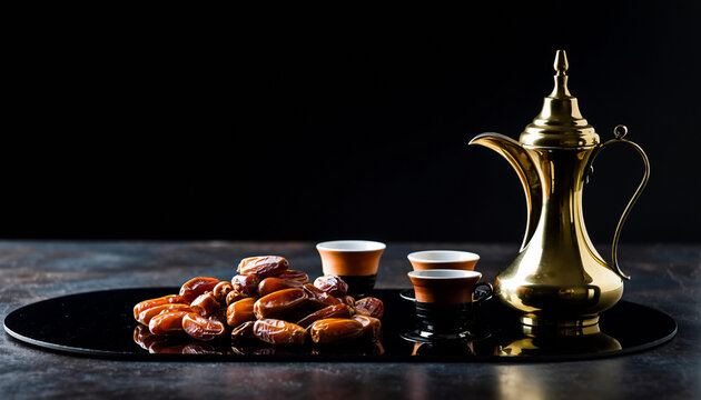 Arabic coffee pot dallah and dates on luxury surface with dark copy space background