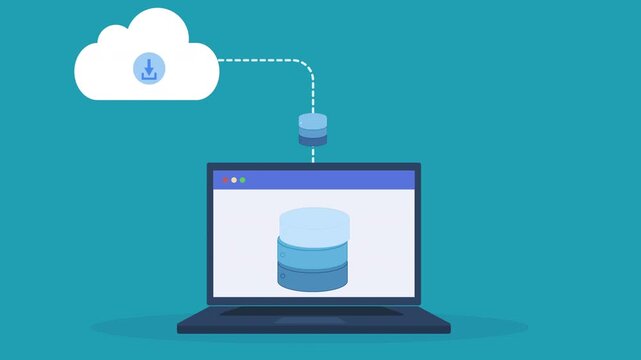Animated vector illustration showing cloud download of a single database to laptop, representing data transfer, backup, synchronization, and modern cloud computing workflow.